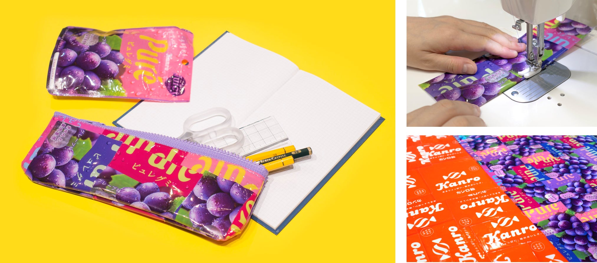 お菓子のパッケージが、職人の手でカラフルなバッグやペンケースに!実物を展示販売 「ピュレグミ」や「カンロ飴」のパッケージから生まれたアップサイクル雑貨を、サステナブルイベントで販売