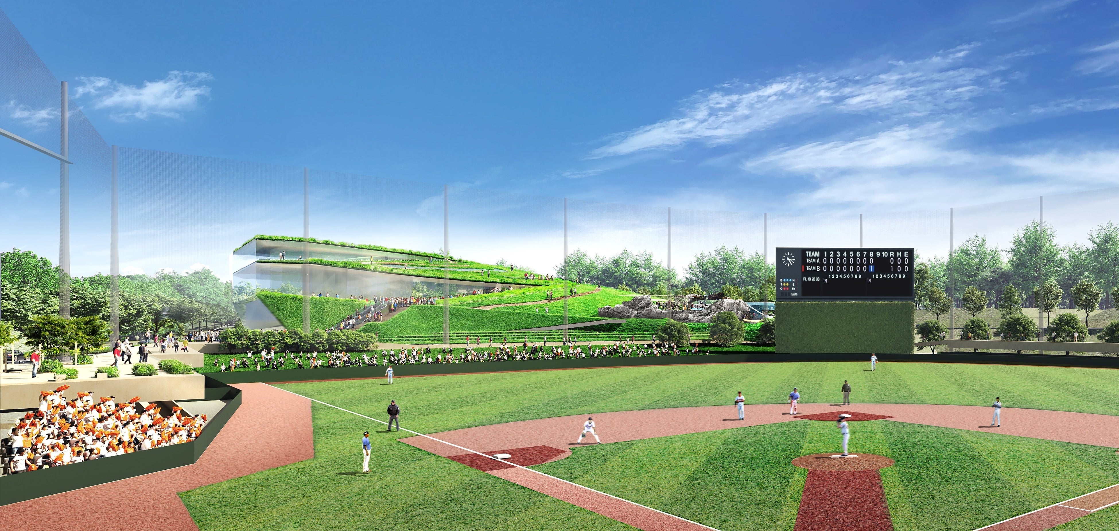 多摩川グラウンドのスピリットを受け継ぐ「新GIANTS球場」。左翼側に水族館が見える（イメージ）