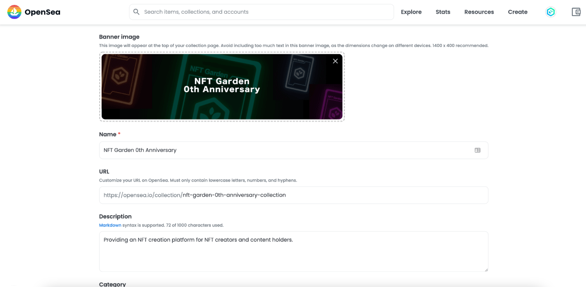 OpenSeaでのコレクション編集