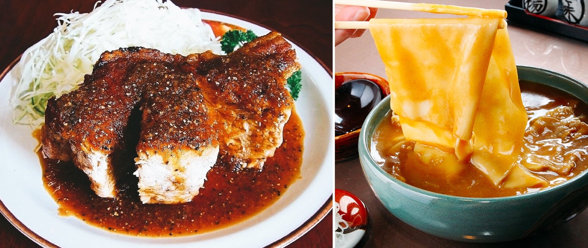 「沿線食堂」のメニュー例:(左)「肉のエアーズロック」といわれる大迫力のポークステーキ (右)幅広な麺が特徴のひもかわうどん