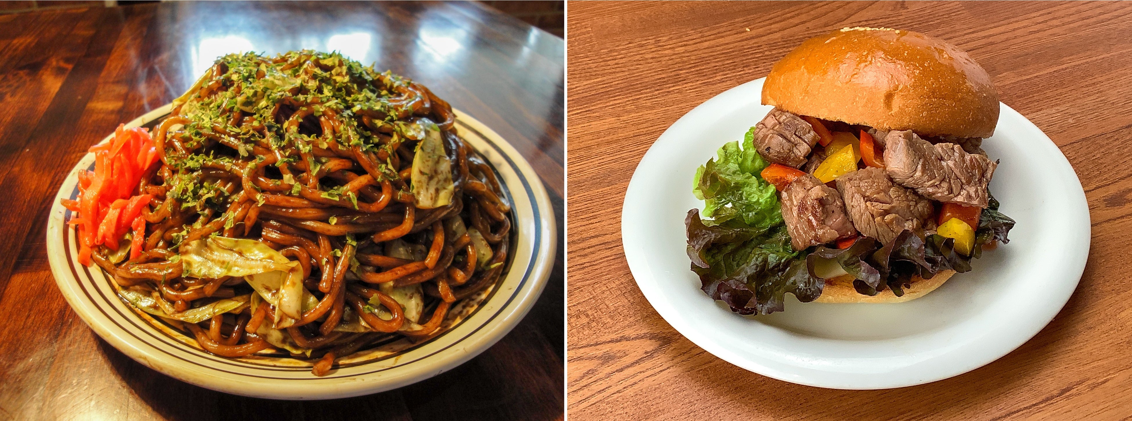 △焼きそばや鉄板で焼いたステーキハンバーガーなど様々なメニューをご用意