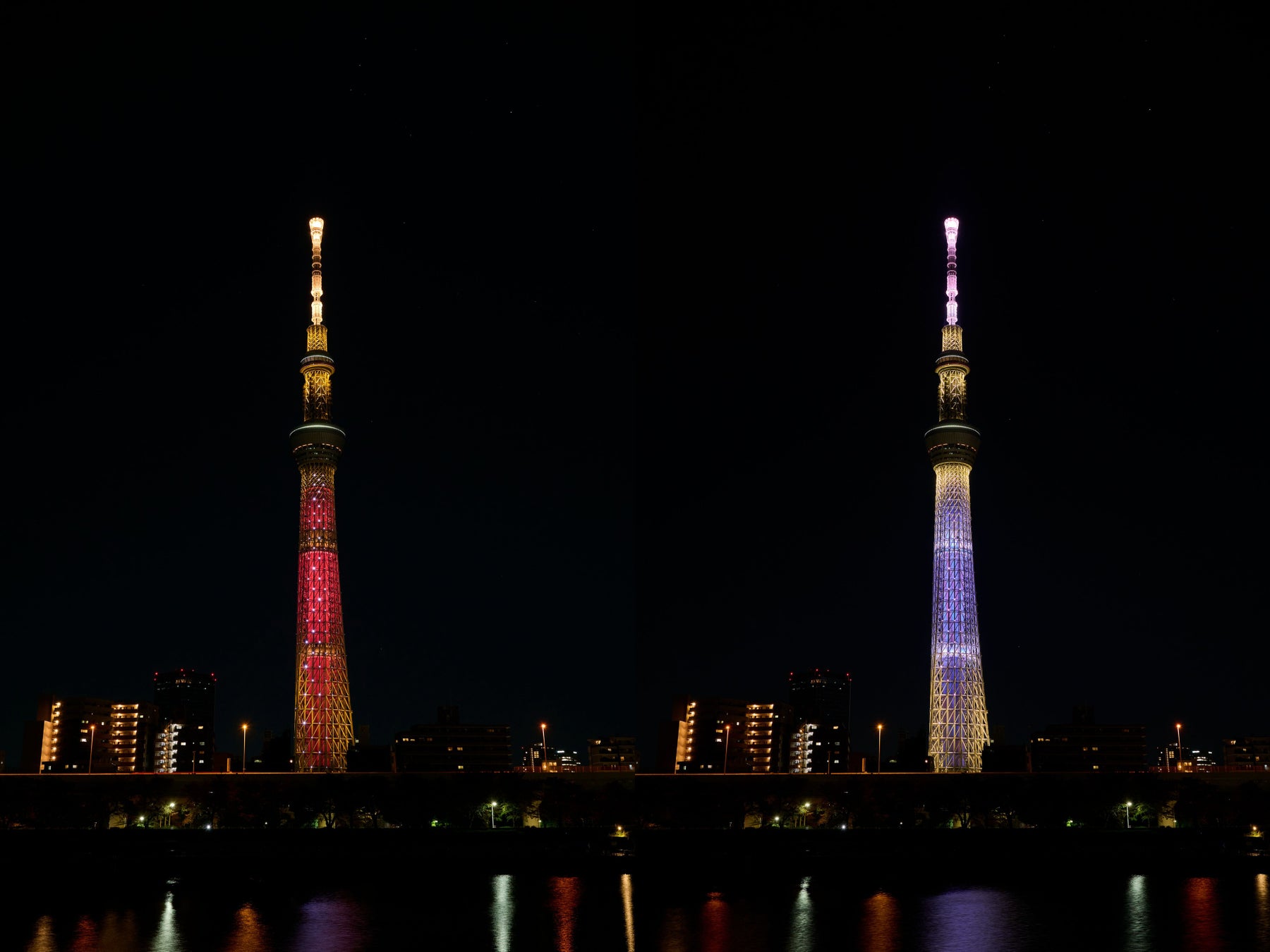 「BE THE SUN」をテーマにした オレンジ(左)から公式カラーRose Quartz&Serenity(右)に変化する 特別ライティング ©TOKYO-SKYTREE