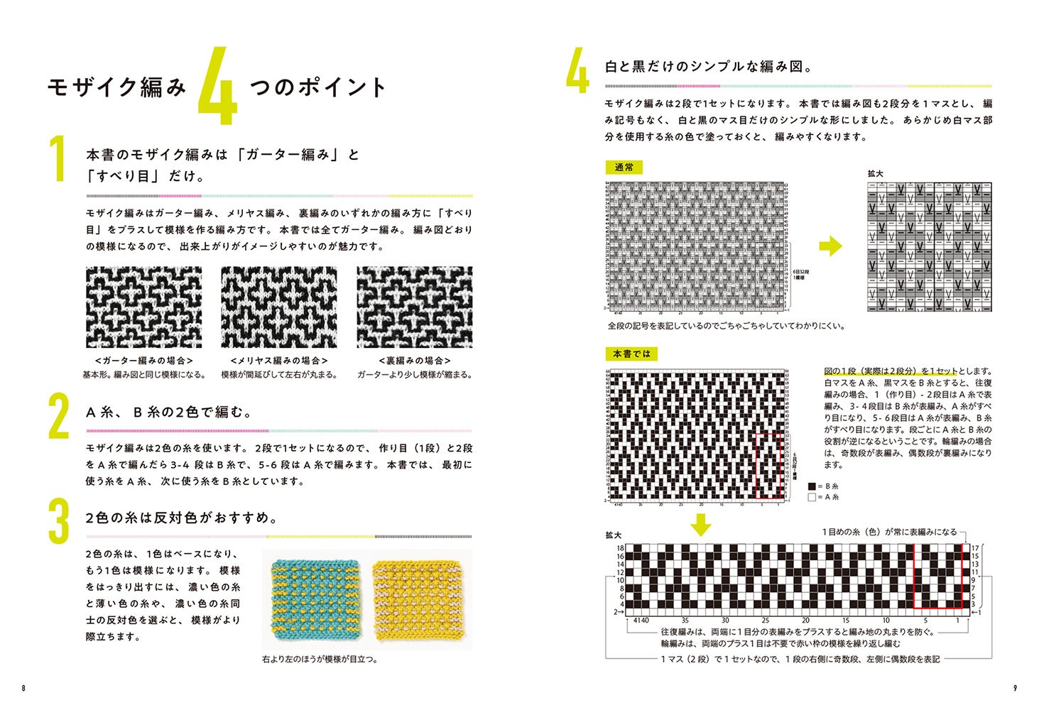 2色の糸で生み出す幾何学模様が美しいモザイク編みの入門書にし