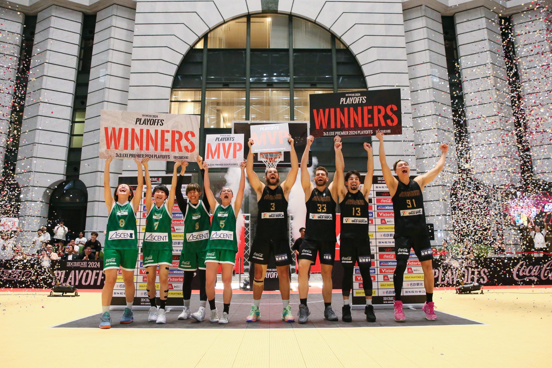 「3x3.EXE PREMIER 2024 PLAYOFFS」(スリーエックススリーエグゼ プレミアプレーオフ)優勝は、男子ALPHAS.EXE(2連覇)・女子TOKYO VERDY.EXE(初優勝)