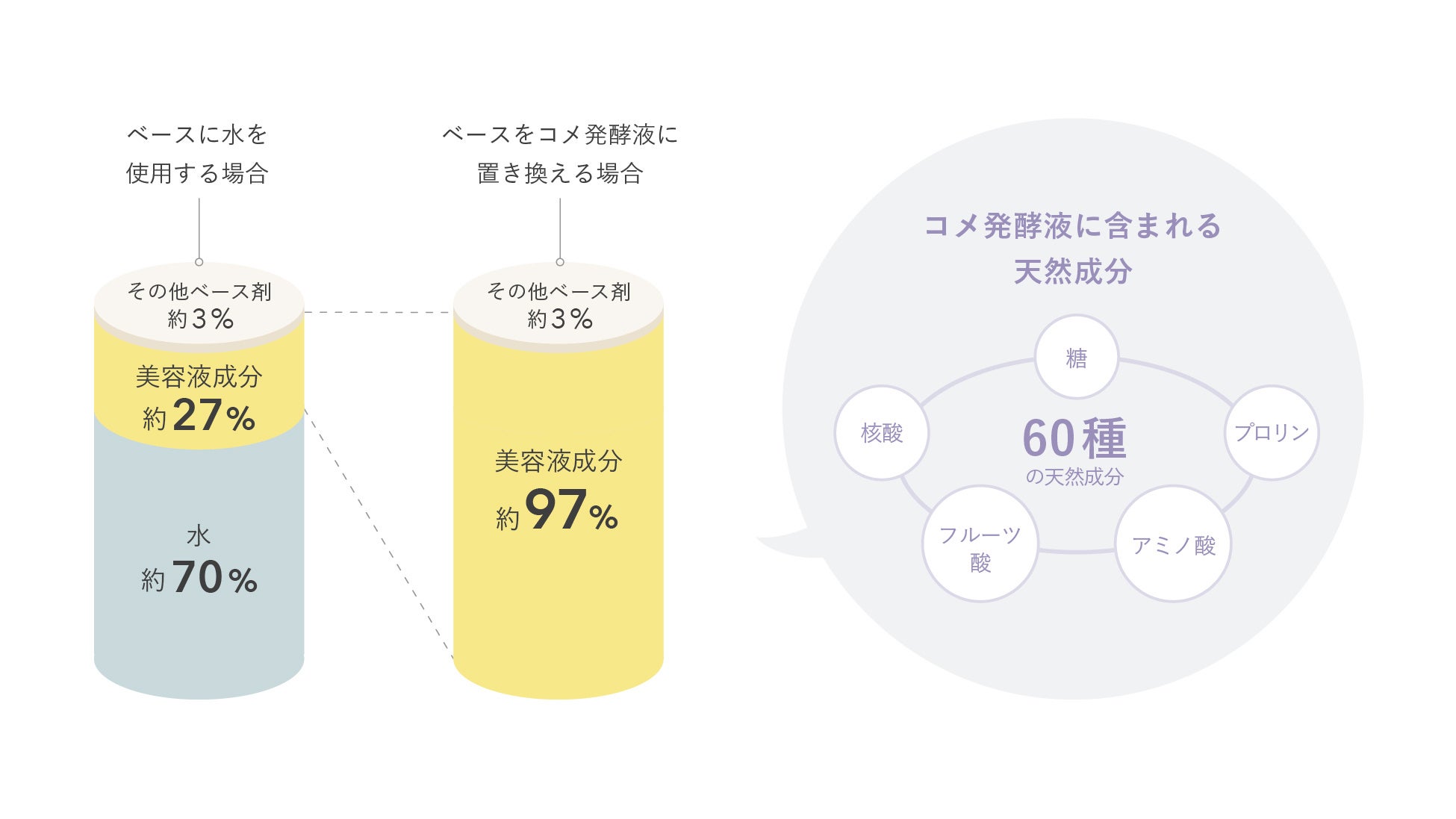 水をベースに使用した場合（左）とコメ発酵液をベースにしたシーズナルローションL02（右）の比較