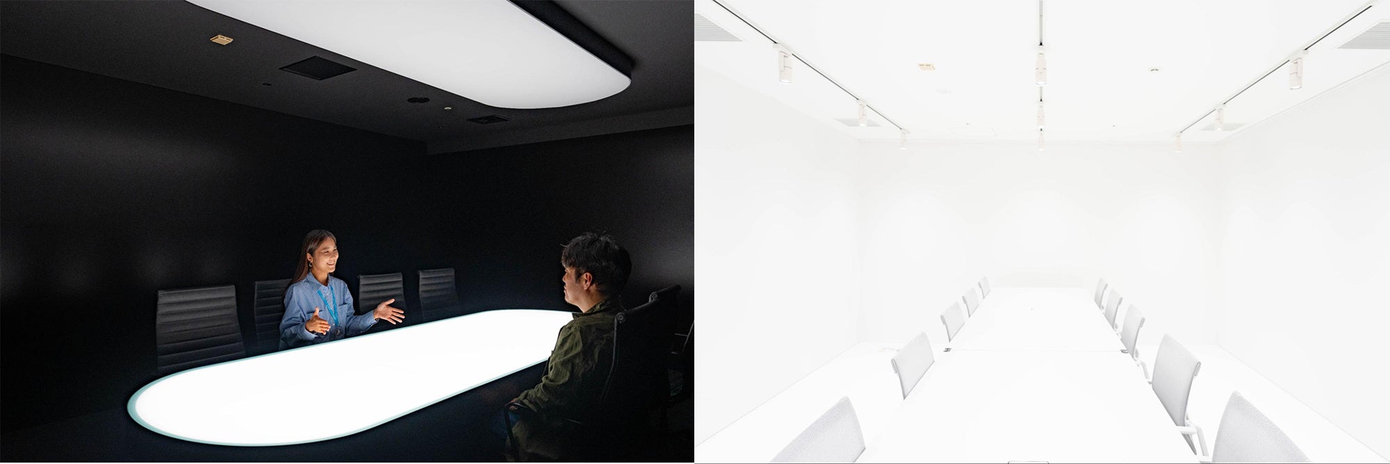 （写真左 Reception1）顔だけ照らす真っ黒な会議室（写真右 Reception2）無駄を排除した真っ白な会議室