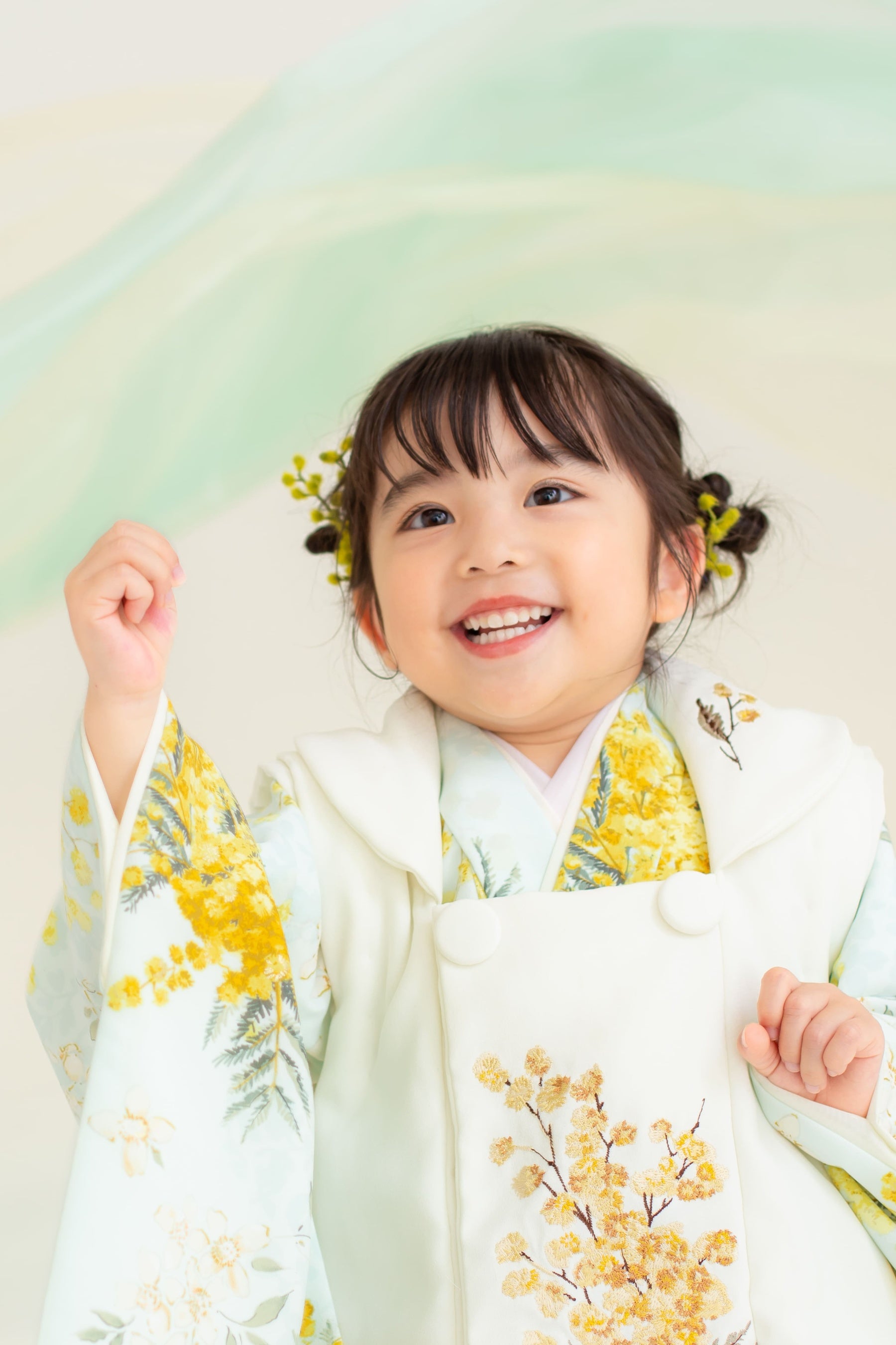 ミモザ柄のお揃い着物　130 110 七五三(7歳)7901 Kamishibai 水色ミモザ刺繍 | 着物レンタルの