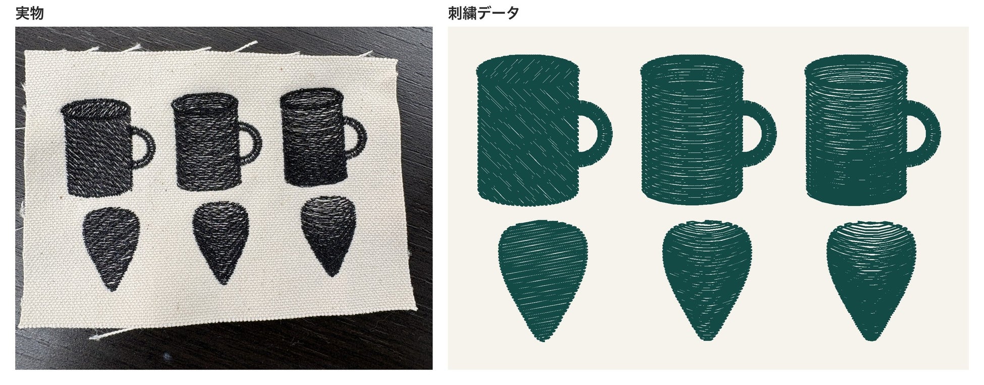 立体表現の試し縫い(検証中)(左:実物、右:刺繍データ)。左から「平ら」「曲面」「曲面+影+光」。糸の向きと密度だけで丸みを出す実験をAIに依頼した結果