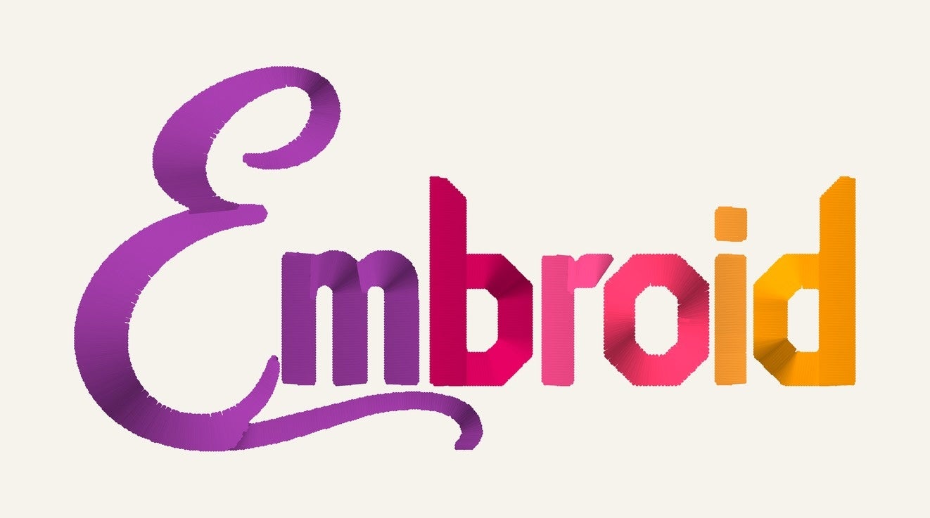 Embroid が自分のロゴを刺繍データにした見本(縫い上がりのシミュレーション、幅90mm)。文字はすべてサテンぬいで、画ごとに向きを変えて針を往復させている