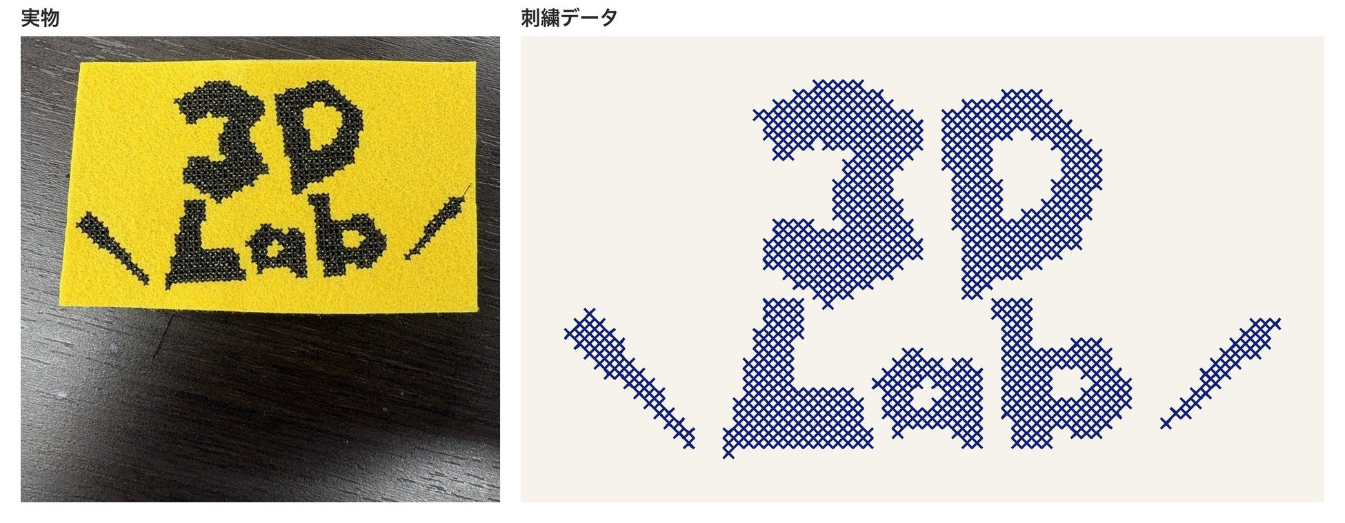 ロゴのクロスステッチ(左:実物、右:刺繍データ)。「3D Lab」のロゴを、手刺繍風のクロスステッチで縫えるデータにした
