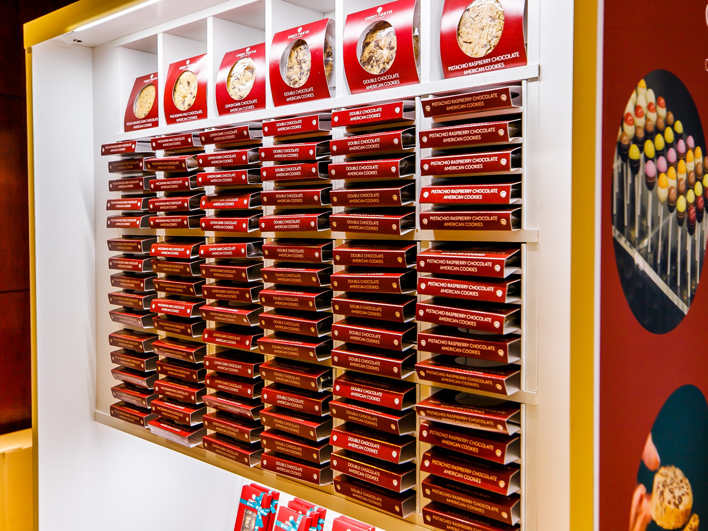 手前から　ピスタチオラズベリーチョコレート・ダブルチョコレート・レモンダークチョコレート・マカダミアミルクチョコレート・ピーカンオレンジダークチョコレート