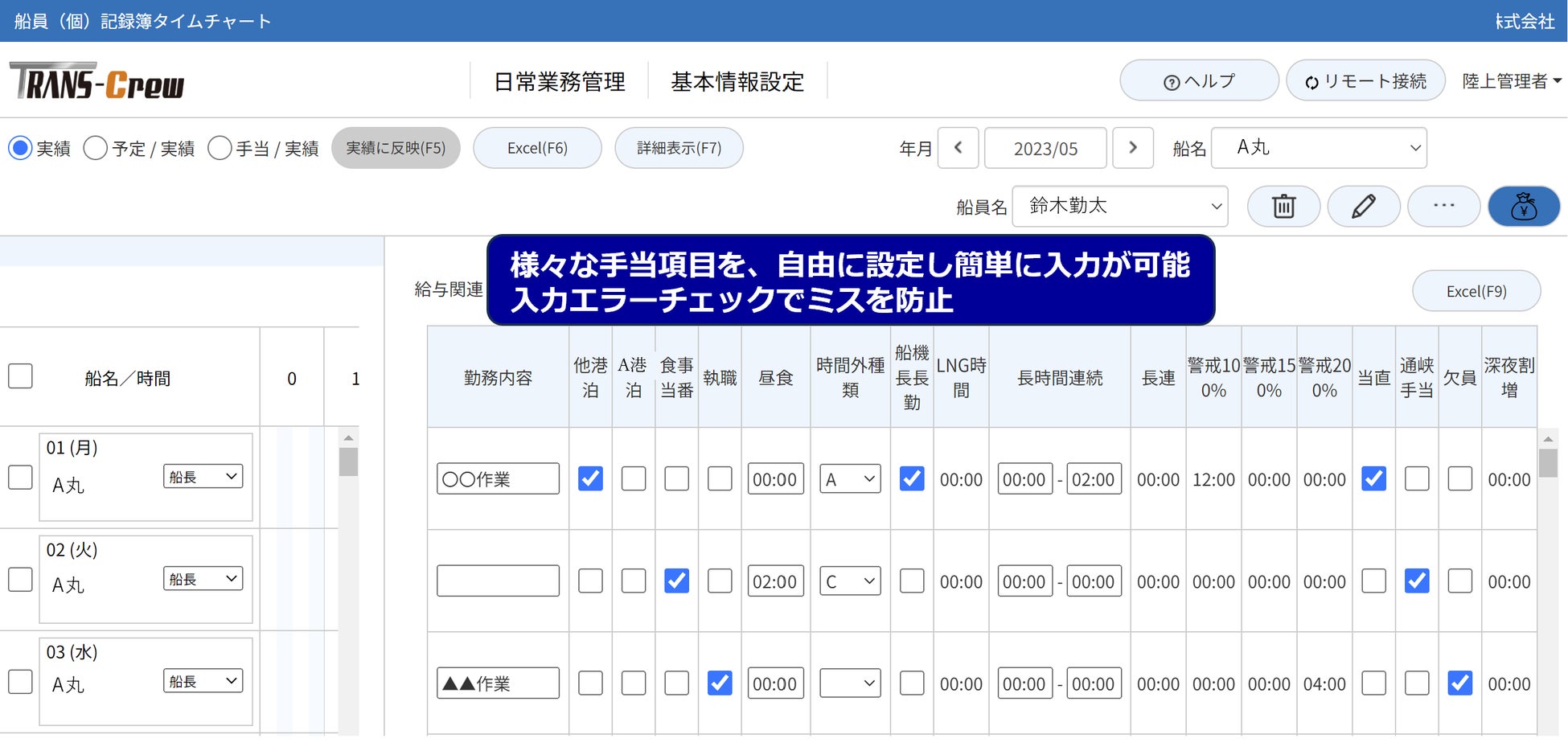 各種手当の入力画面