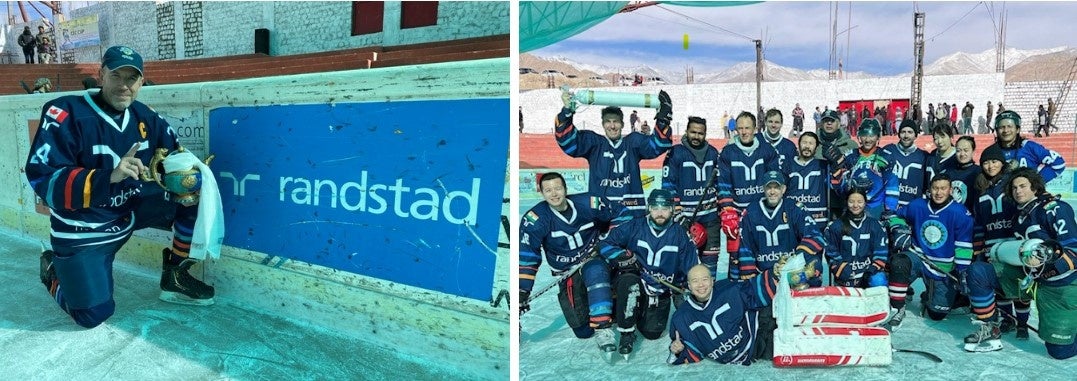 【写真左】現地のアーティストによる優勝カップを手にしたポール・デュプイ　【写真右】アイスホッケーチーム