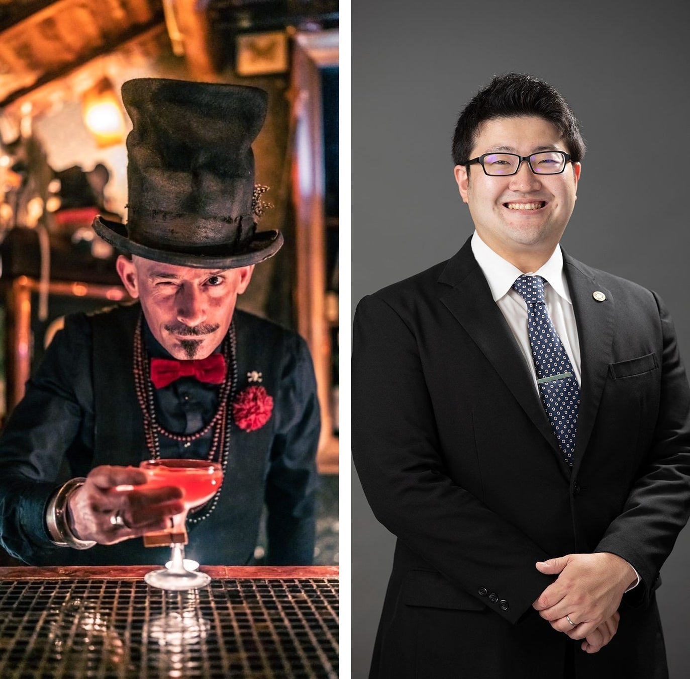 左)京都「L’ESCAMOTEUR BAR」オーナーバーテンダー クリストフ・ロッシ氏  右)「コンラッド東京」バーテンダー 中村大樹氏