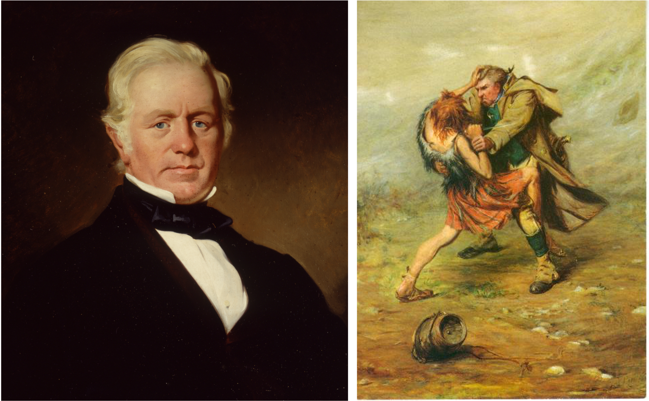 ジョージ・スミスの肖像画（左） ウイスキー密造者と戦うジョージ・スミス（右）