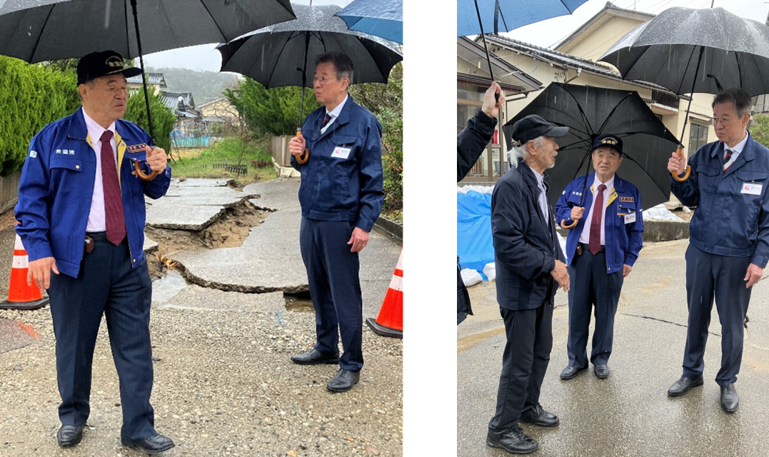 石川県職員や被災地域住民の方にお話を伺うJSPO遠藤利明会長・森岡裕策専務理事
