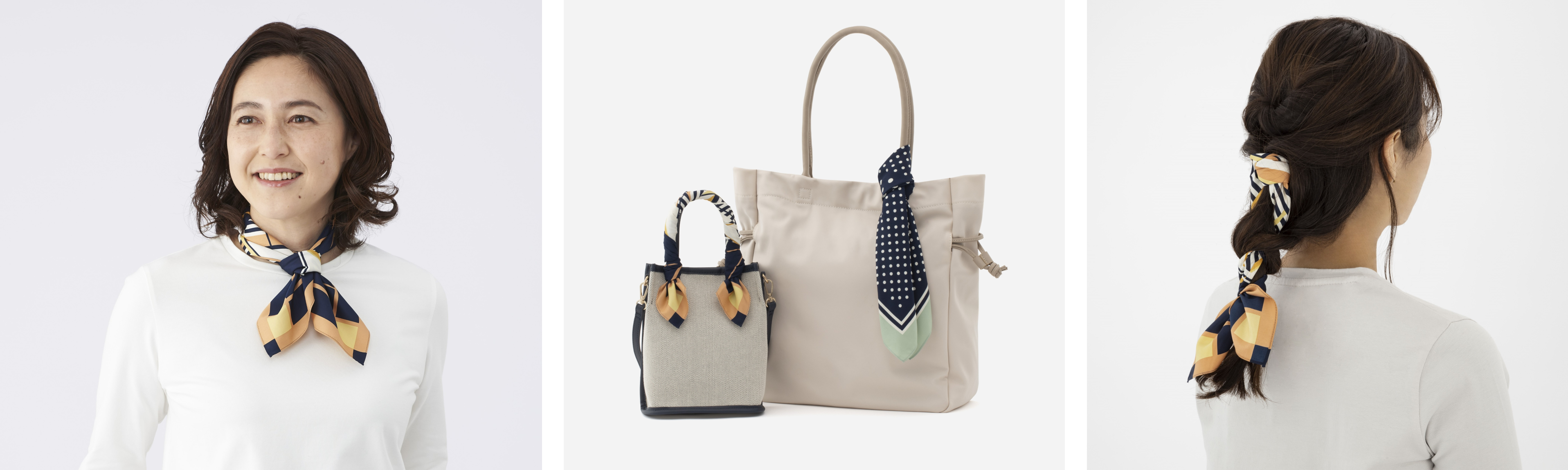 　　　　　　　首元使用時　　　　　　　　　　　　　バッグ使用時　　　　　　　　　　ヘアアレンジ使用時