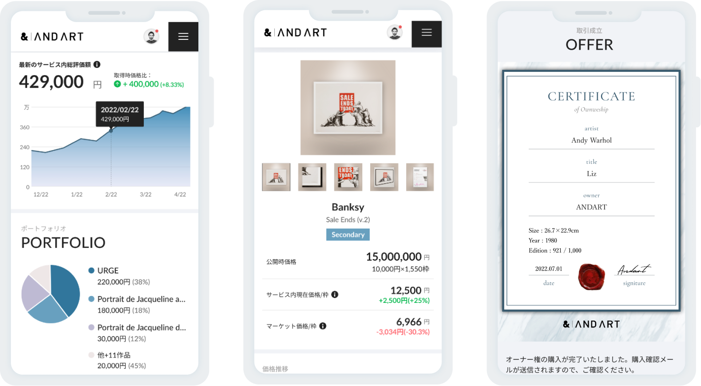 左から：マイページ・作品詳細・オーナー権証明書