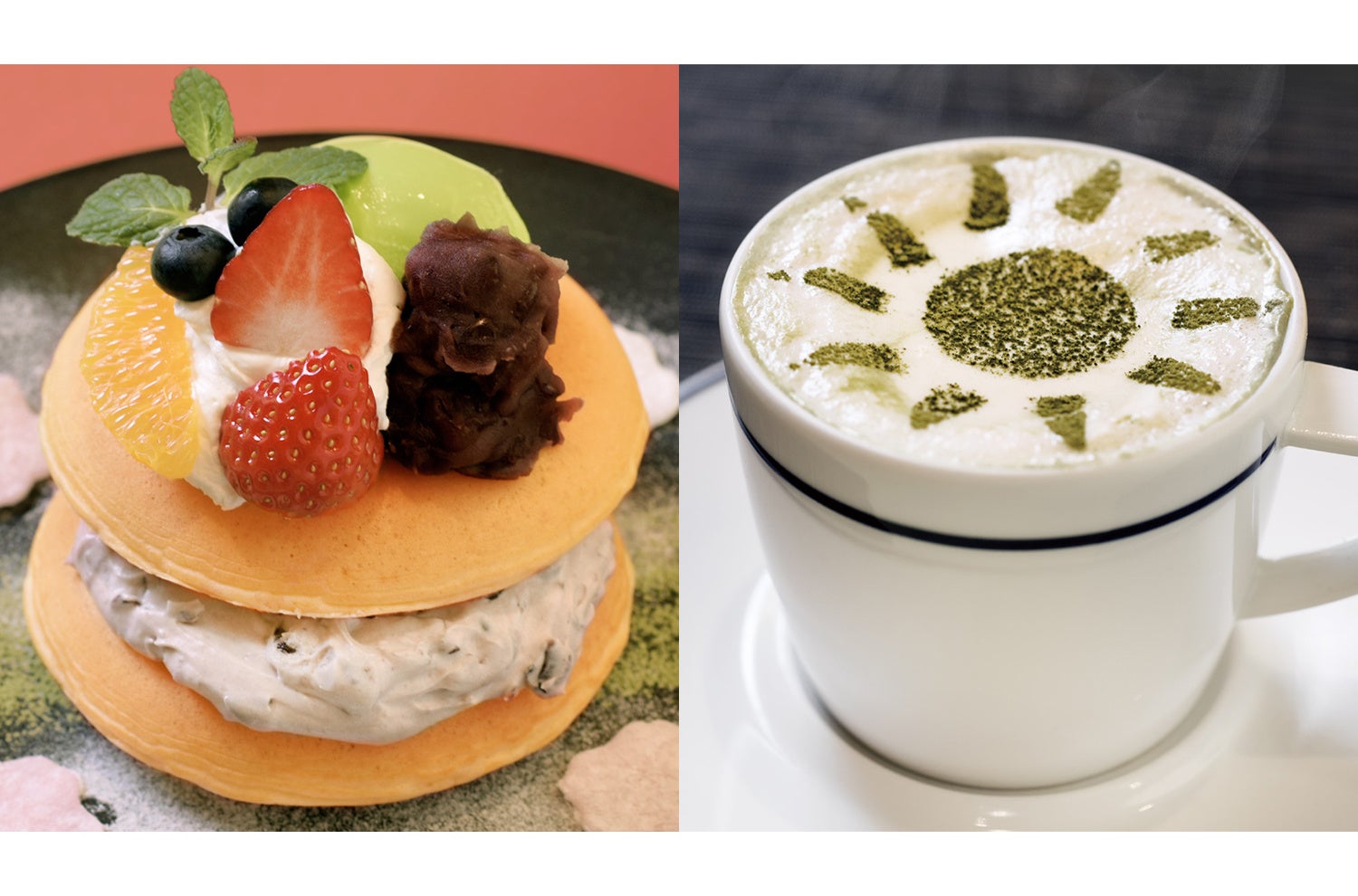 （左）抹茶とマスカルポーネのパンケーキ、（右）抹茶ミルク