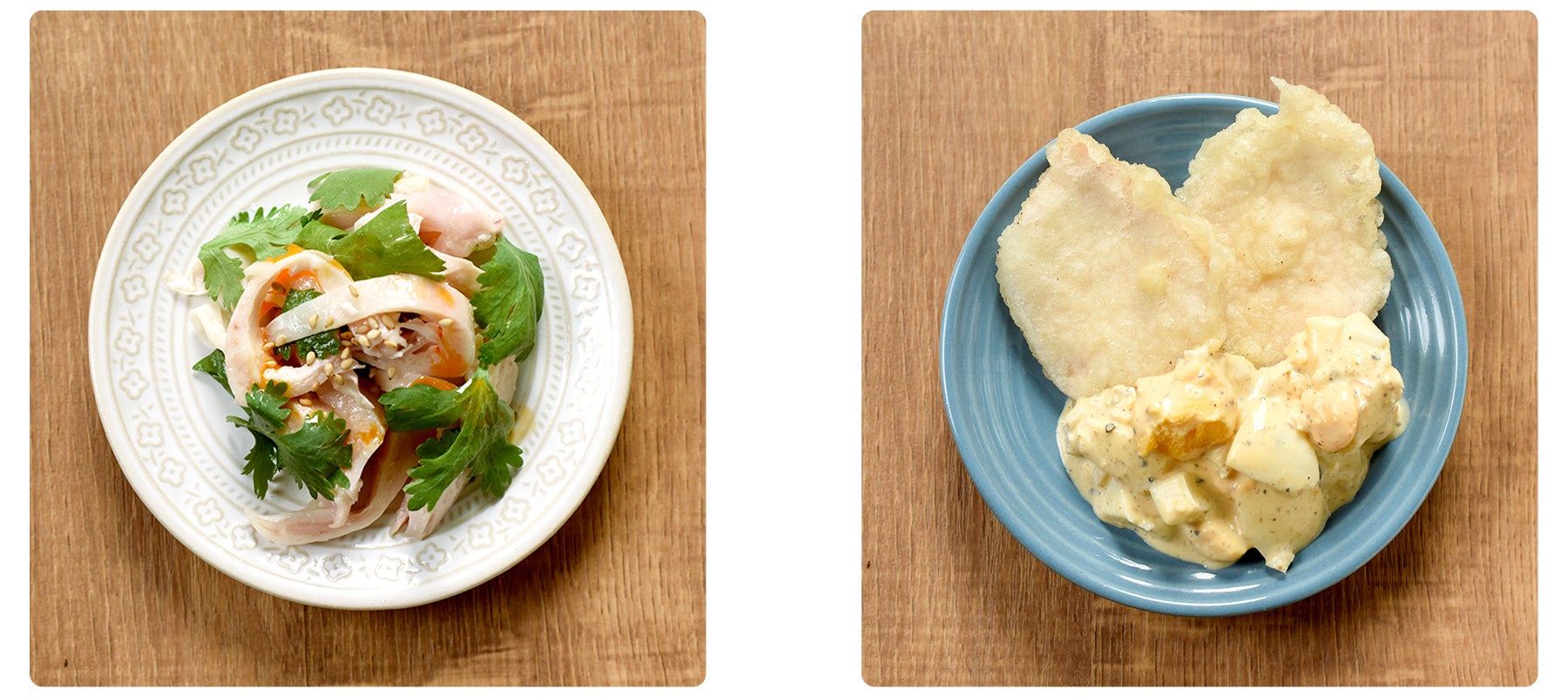 （左）パクチーと蒸し鶏のピリ辛ラー油和え、（右）鶏天　自家製タルタルソース