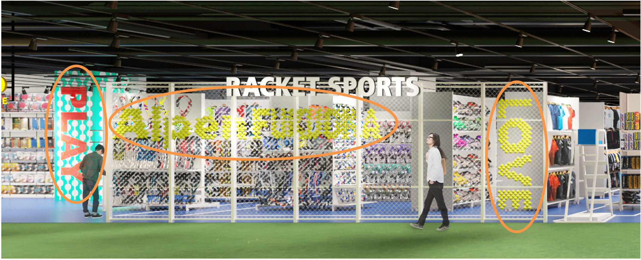 テニスボール・卓球ラケットを再利用した店内装飾