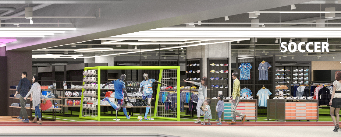 B）人工芝やレカロシートでのスパイク試着体験、フットサルゴールなどを演出したサッカーコーナー