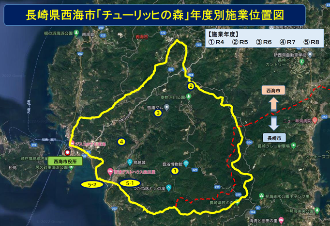 （黄色の線内が雪浦川流域。数字③が 「チューリッヒの森」プロジェクト3年目の位置）