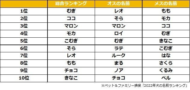ペットニュースストレージ 22年 犬の名前ランキング を発表 21年にペット保険に新規加入した0歳の犬の名前 を大調査 ペット ファミリー損保のプレスリリース ペットニュースストレージ 22年 犬の名前ランキング を発表 21年にペット保険に新規加入した0歳の犬の名前 を大調査 ペット ファミリー損保のプレスリリース