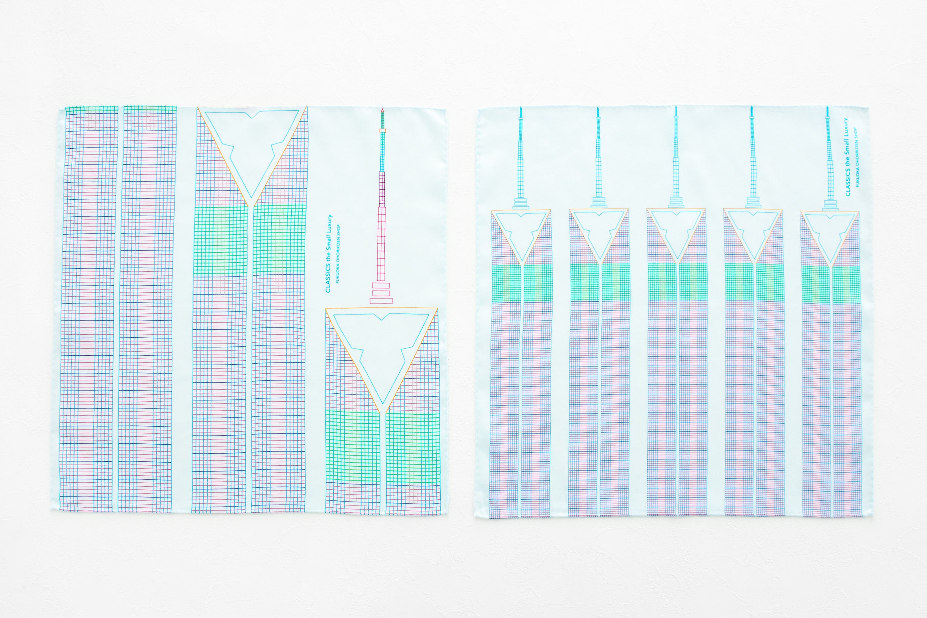  福岡タワーを規則的に横に並べたものと、カットして並べたデザインの2柄を展開。