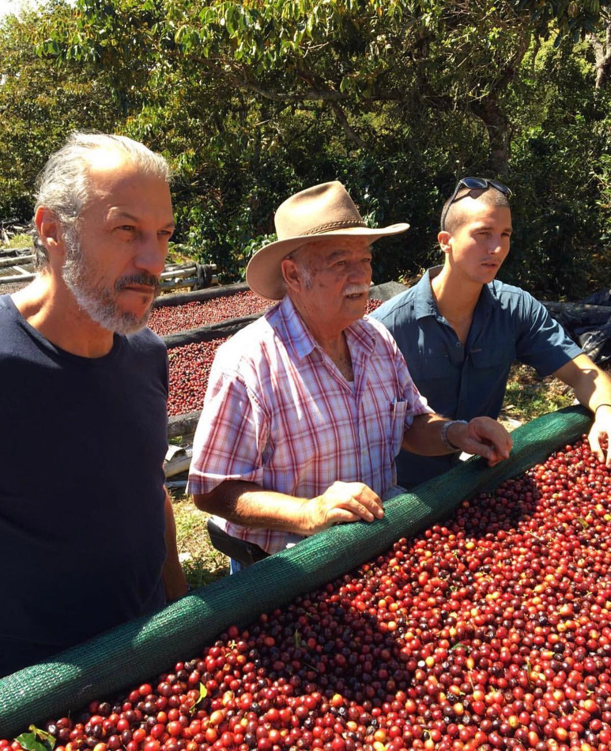 コーヒーチェリーをアフリカンベッドで天日干しをしているところ　左：農園主グラシアーノ・クルス氏