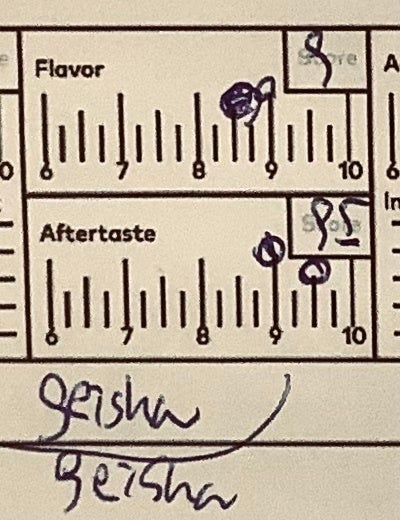 ２）全体の味と後味：口に入れたコーヒーの味の印象と飲んだ後に口の中の残った味の入り口と出口で、ゲイシャの場合、甘いみかんシロップや完熟もも、グレープの味やパインの味すら感じることもある。