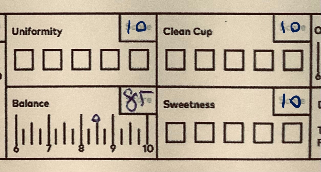 ４）均一性、クリーンさ、バランス、甘さ：甘くておいしいのが当たり前で、昔は５個同じコーヒーがあり、５つとも同じ味で、変な味してない。そして 超 味バランスが良いと10点