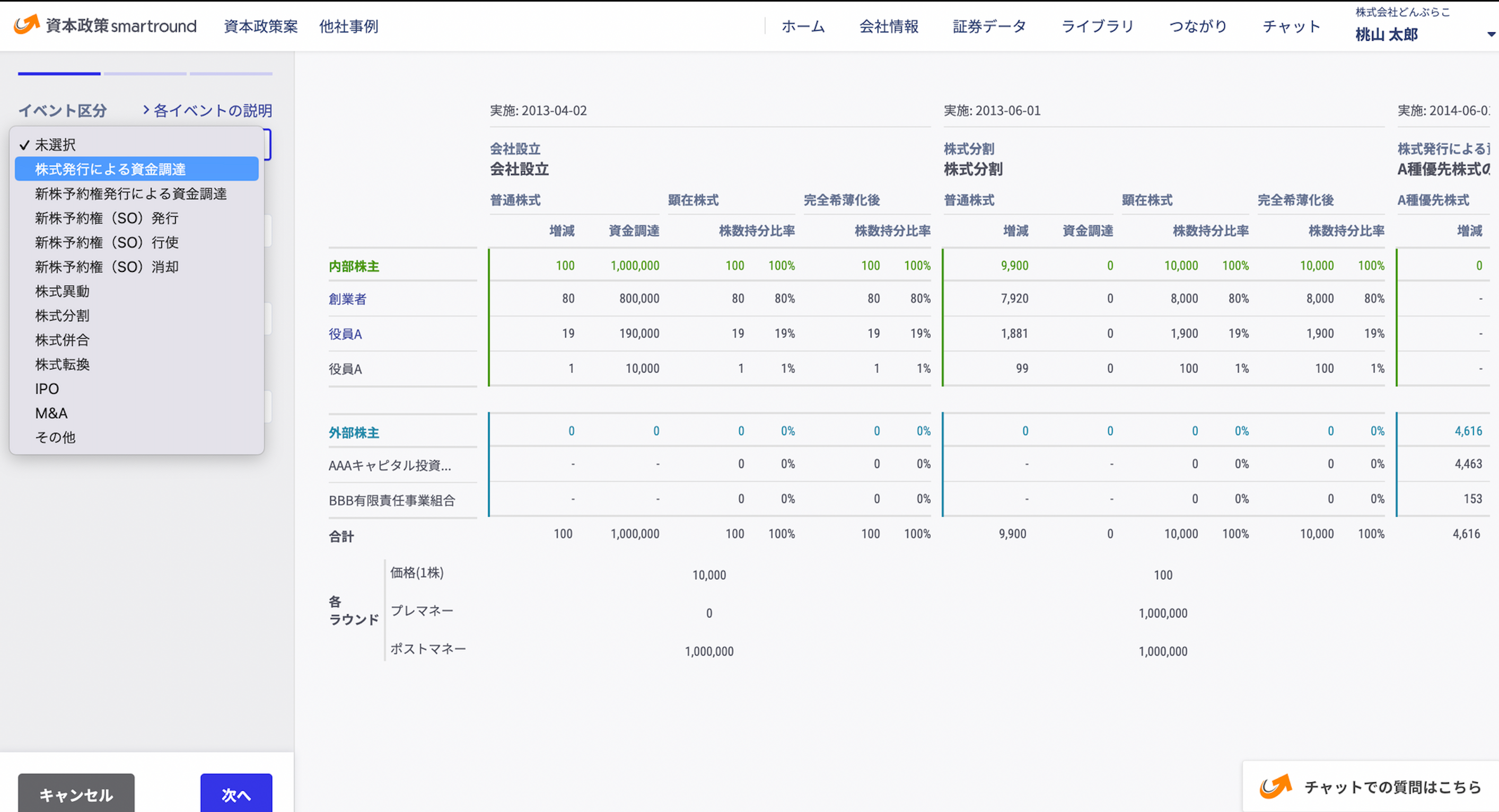 共有データをもとに作成した資本政策は、smartround上から確認や保存、共有ができます。