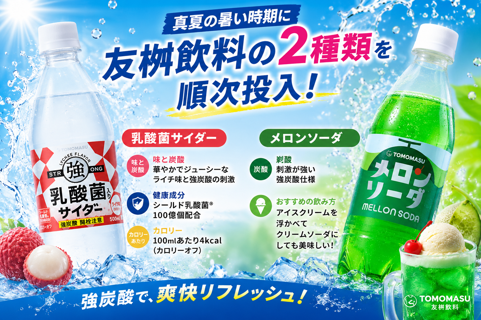 真夏のリフレッシュに新提案！友桝飲料の「乳酸菌サイダー」「メロンソーダ」を順次販売開始