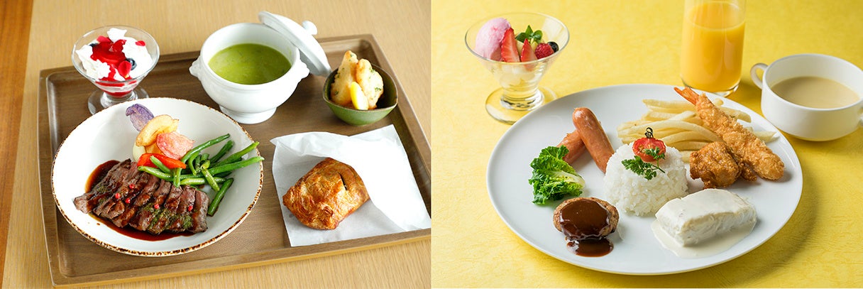 左：食で旅するがテーマ：大人用プレート料理　右：お子様料理