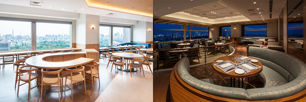 昼と夜とでその表情を変える景色も魅力 「サザンタワーダイニング」店内（左：バル 右：レストラン）