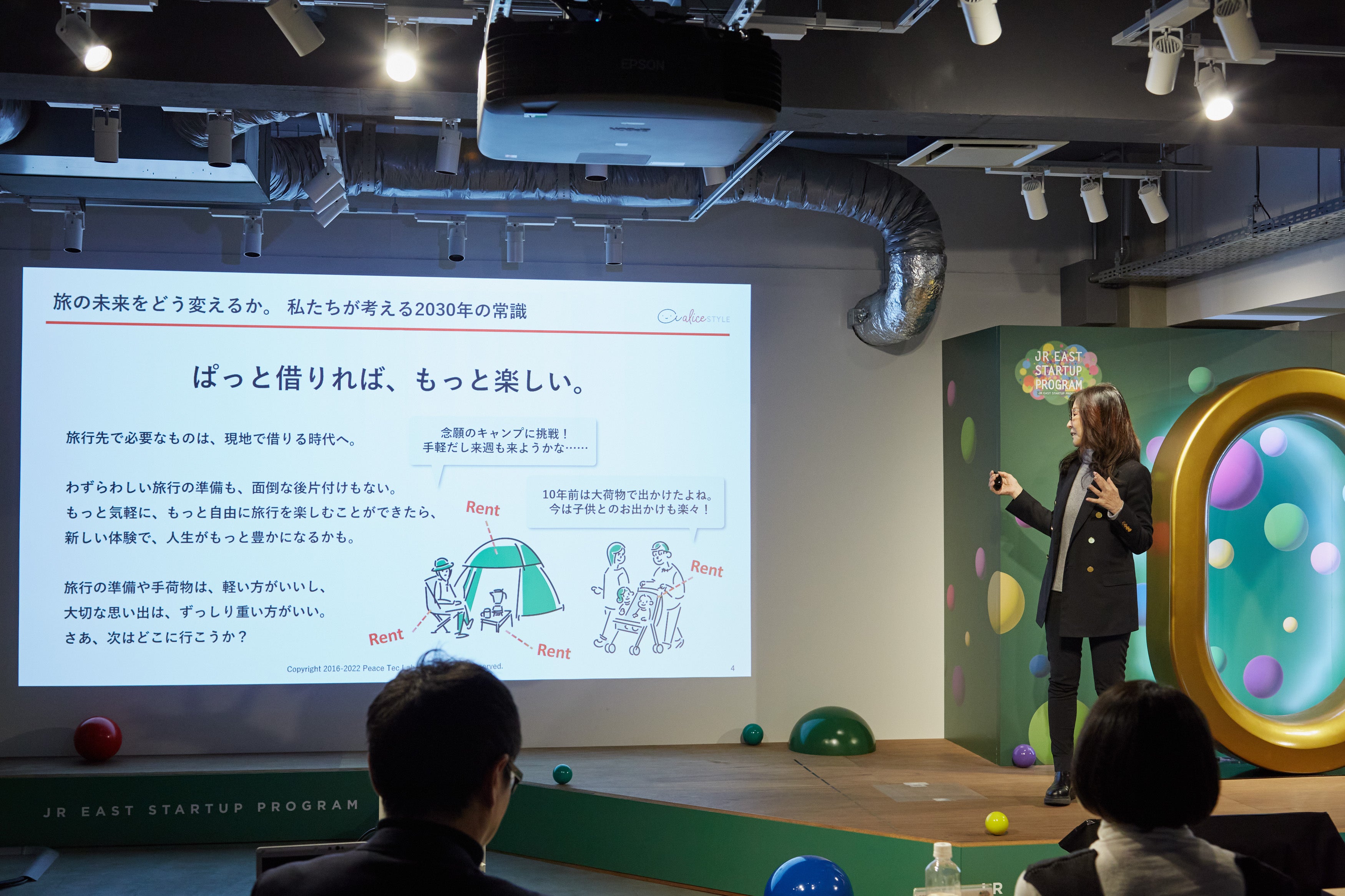 「地球共創（SDGs）」と「モノのシェアリングサービスを活用した新たな列車旅行体験の創出」をテーマにプレゼンテーションを実施いたしました。