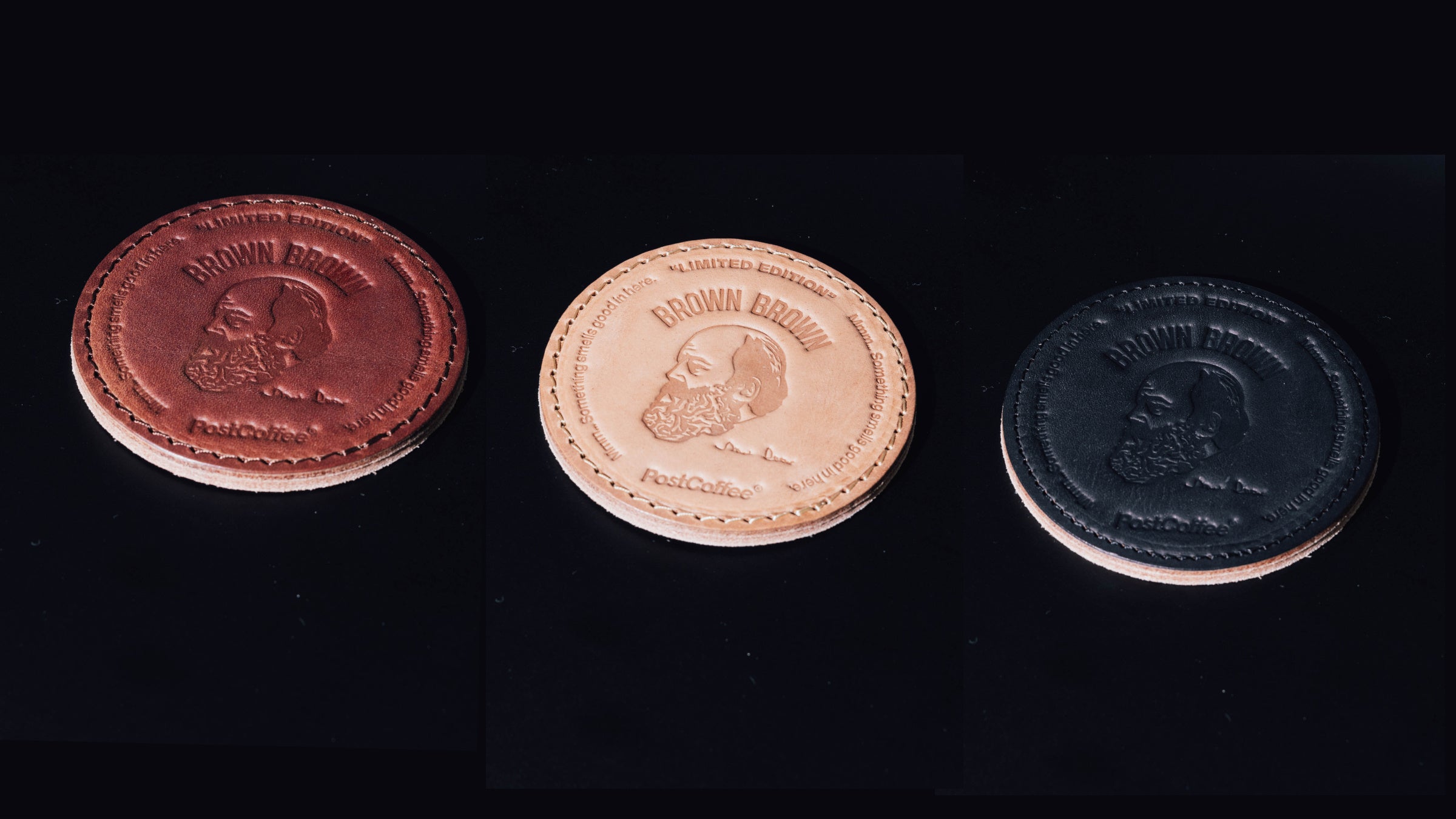 PostCoffee別注デザイン BrownBrown レザーコースター（左からブラウン、ベージュ、ブラック）