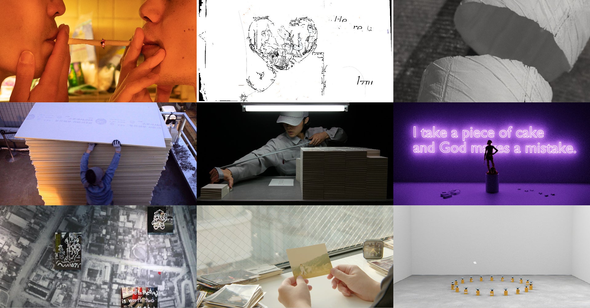 2021年展覧会より(左上より小山渉、鳥井祥太、袁方洲、秋山佑太、渡邊拓也、オヤマアツキ、オル太、原田裕規、井田大介)