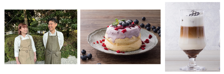 中央画像：ブルーベリー×ラズベリーパンケーキ、右側画像：アイスカフェモカ