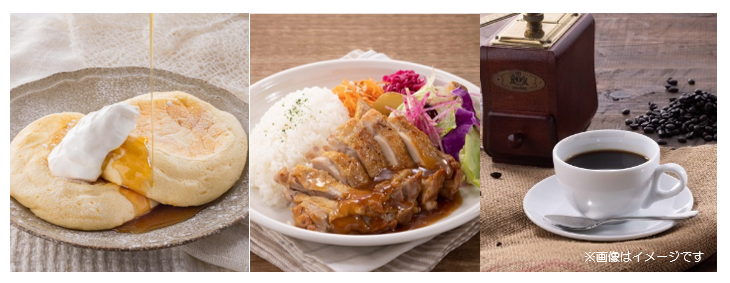 左側画像：小さな森珈琲特性ふわっもちパンケーキ、中央画像：あまに鶏のグリルチキンライス自家製グレービーソース仕立て
