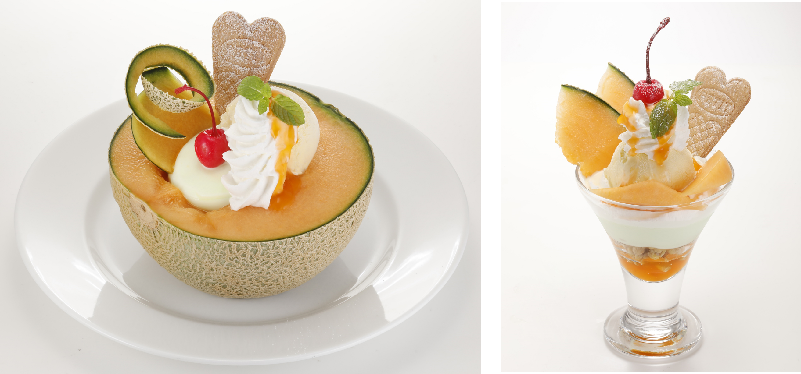 ハーフメロンボート(左）、メロンパフェ（右）