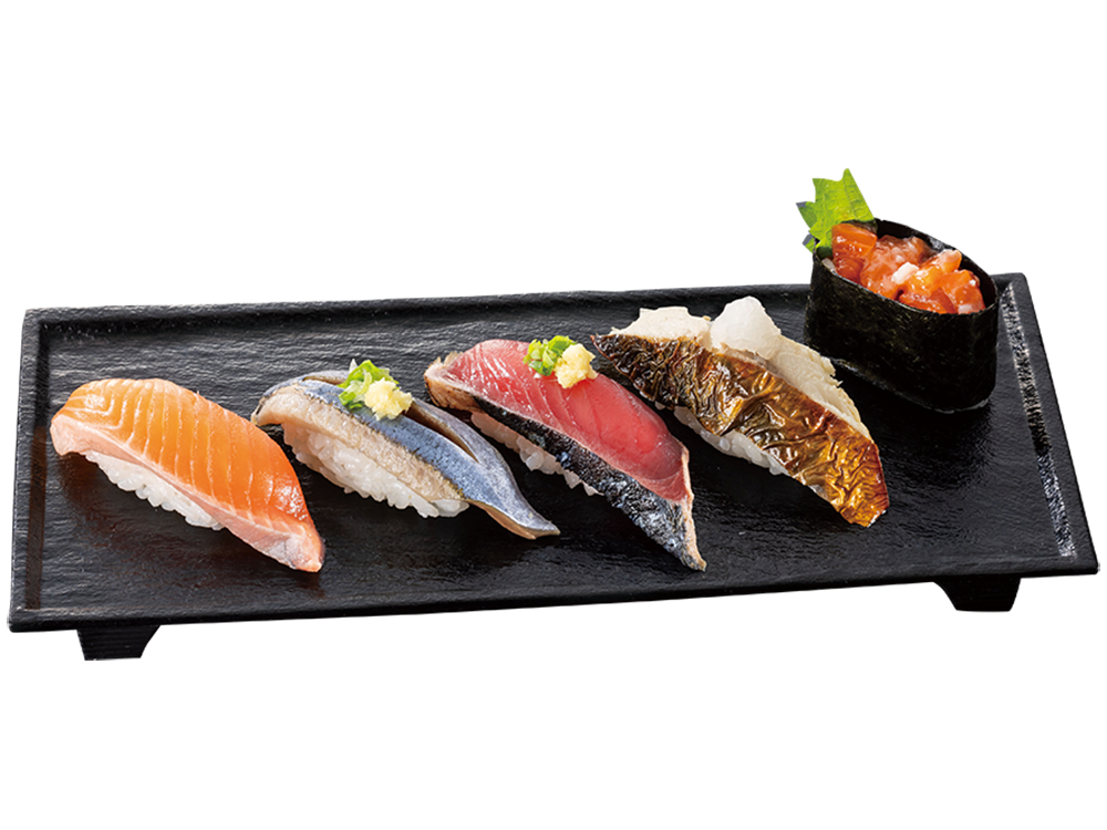 ●秋の特選五貫盛り（渥美プレミアムラスサーモン・さんま・藁焼きかつおたたき・焼きさば・サーモン塩麹軍艦）
