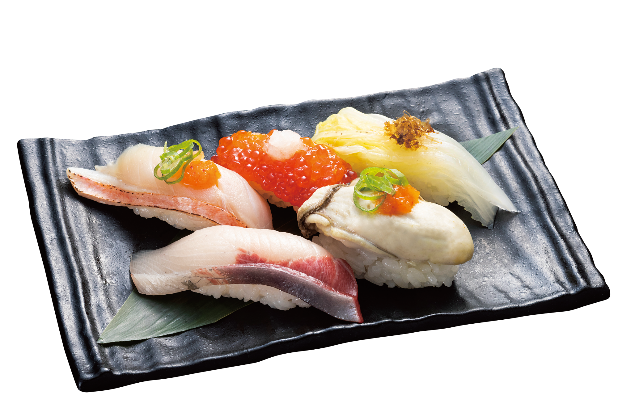 冬の特選五貫盛り（八十八鰤・蒸しがき・金目鯛炙り・すじこ・白菜漬け）