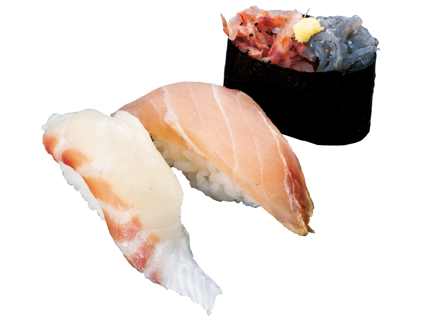 春三昧第一弾　590円  （アセロラ真鯛・かじき・生しらす生桜えび合盛り軍艦）