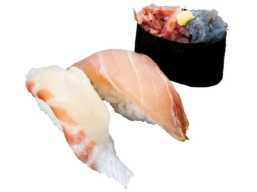 春三昧第一弾 590円  (アセロラ真鯛・かじき・生しらす生桜えび合盛り軍艦)