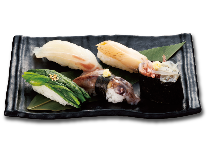 春の特選五貫盛り第一弾　930円  （アセロラ真鯛・赤梅貝・ほうれん草漬け・生ほたるいか・生しらす生桜えび合盛り軍艦）