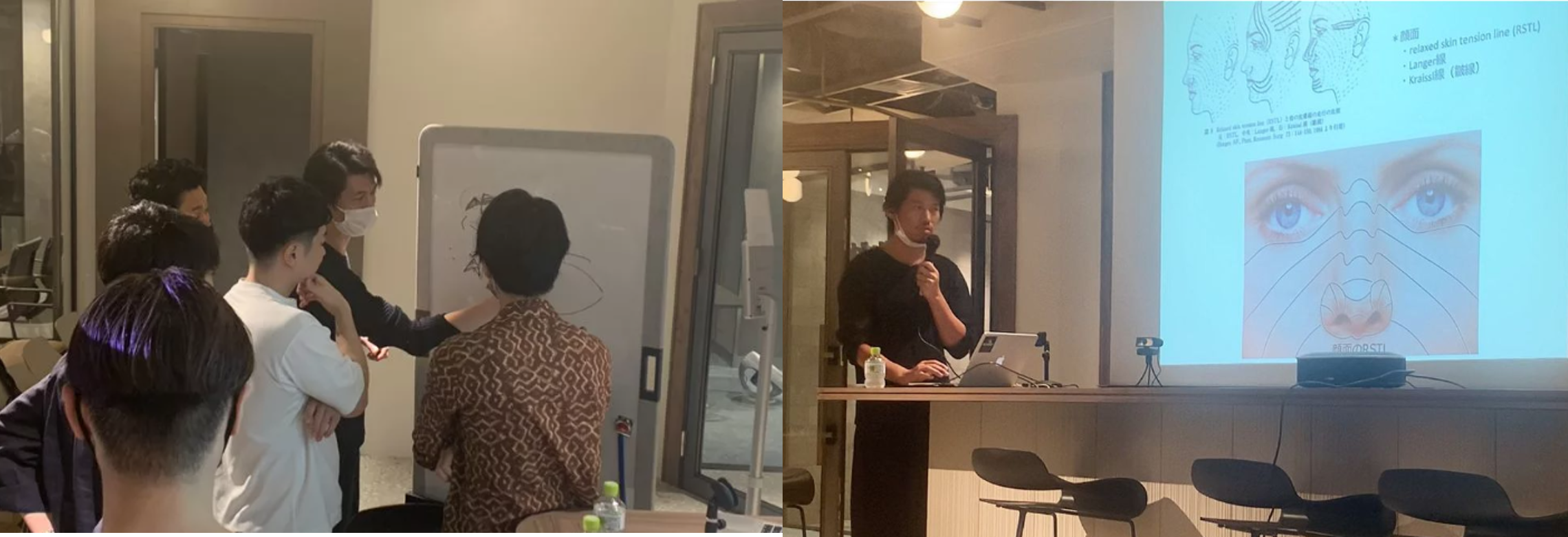 写真左：ホワイトボードを使い議論／右：自身の得意施術のコツや注意点などを共有（クリラボ提供）