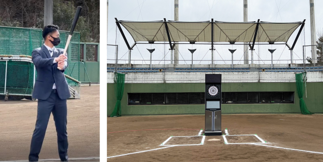 本番前に素振りする中川選手とマウンドのダーツライブ3