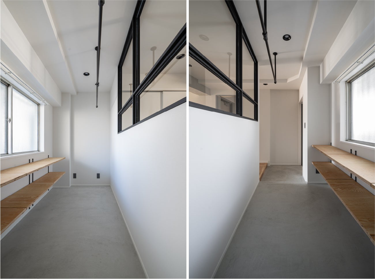 広々とした玄関土間には内窓があり、LDKに視線が抜けて開放感がある（玄関土間を2方向から見た写真）